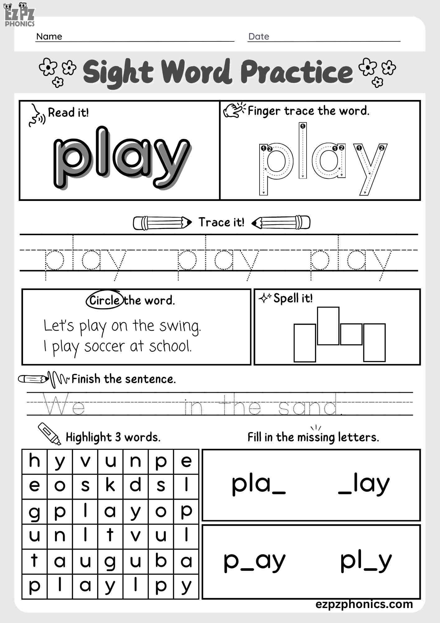 "Play" Dolch Sight Word Worksheet – Fun Activity for Early Readers